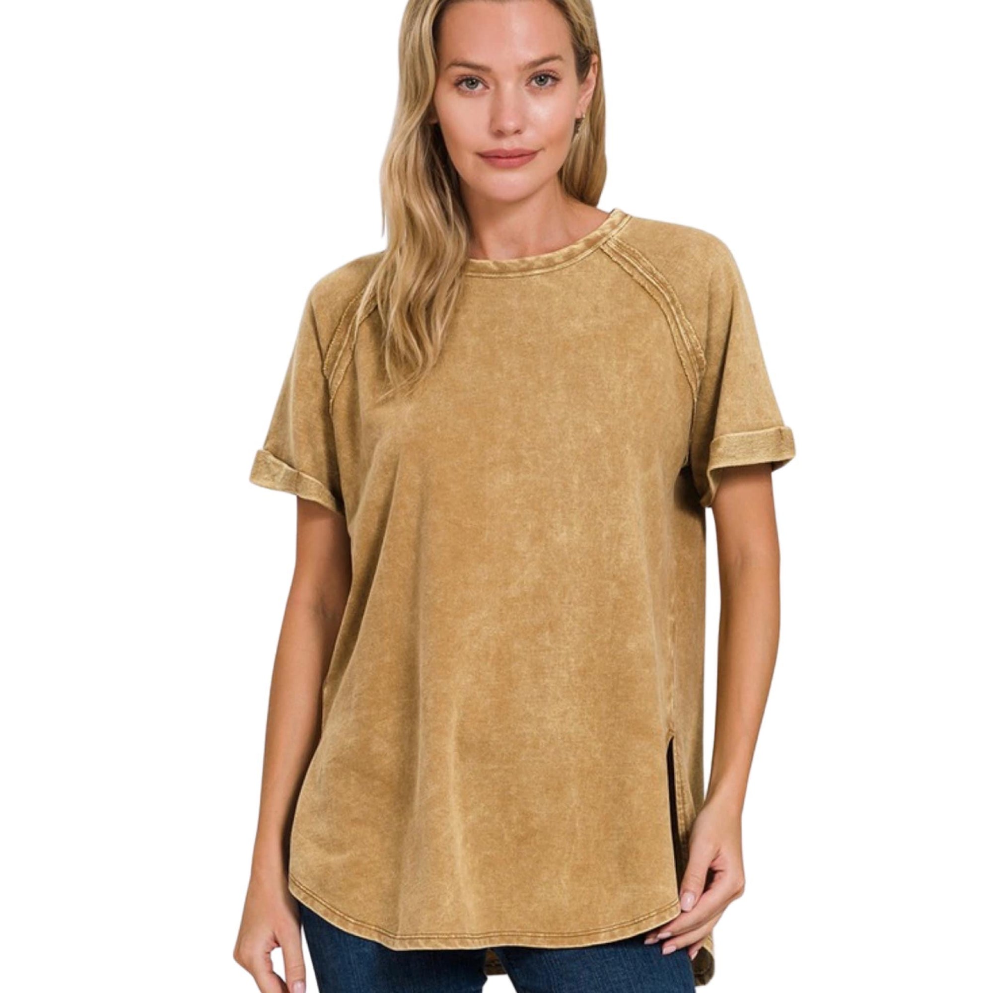 REG Zenana Camel Mineral Wash French Terry Top