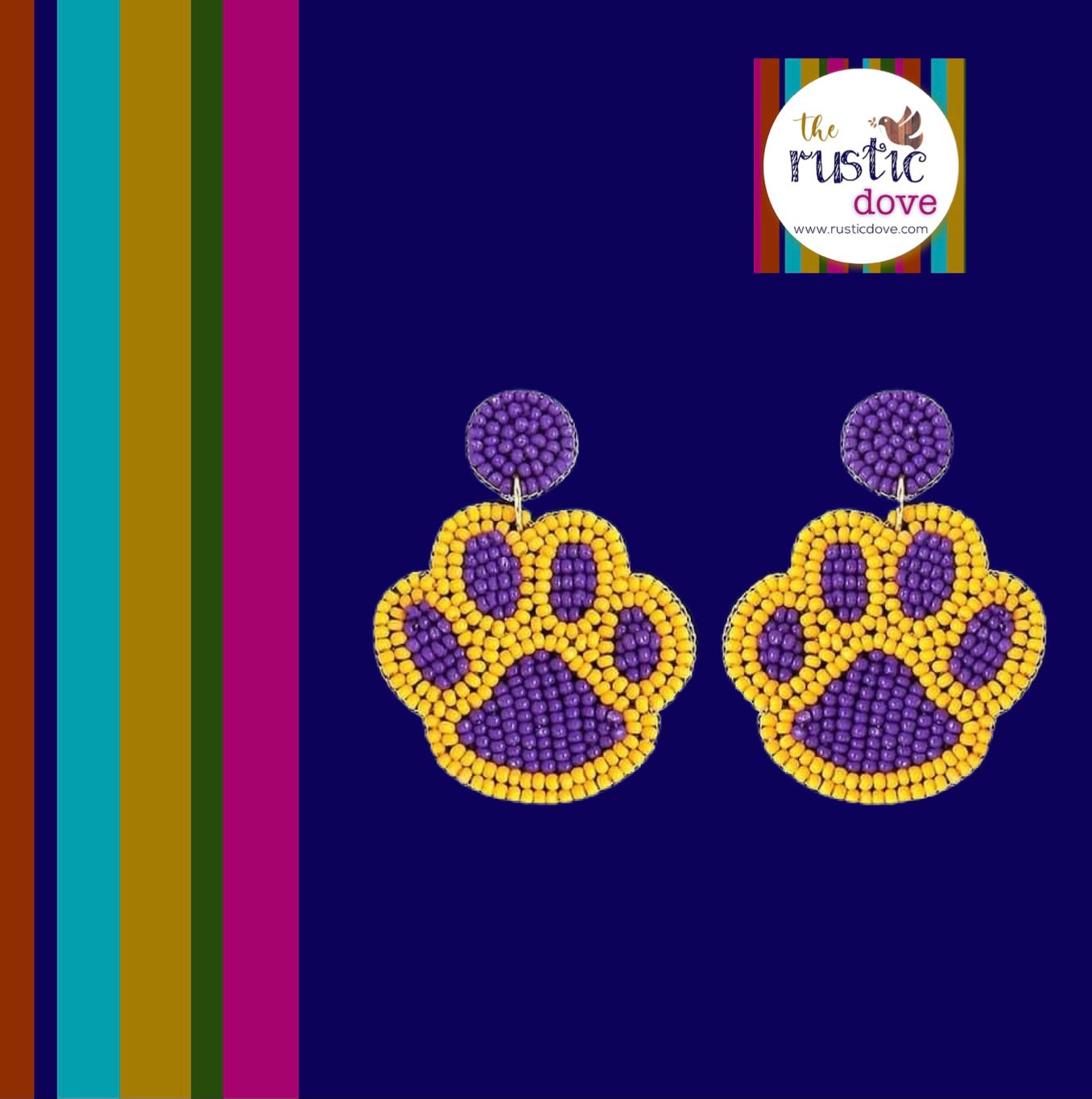 Seed Bead Purple & Gold Paw Print Earrings