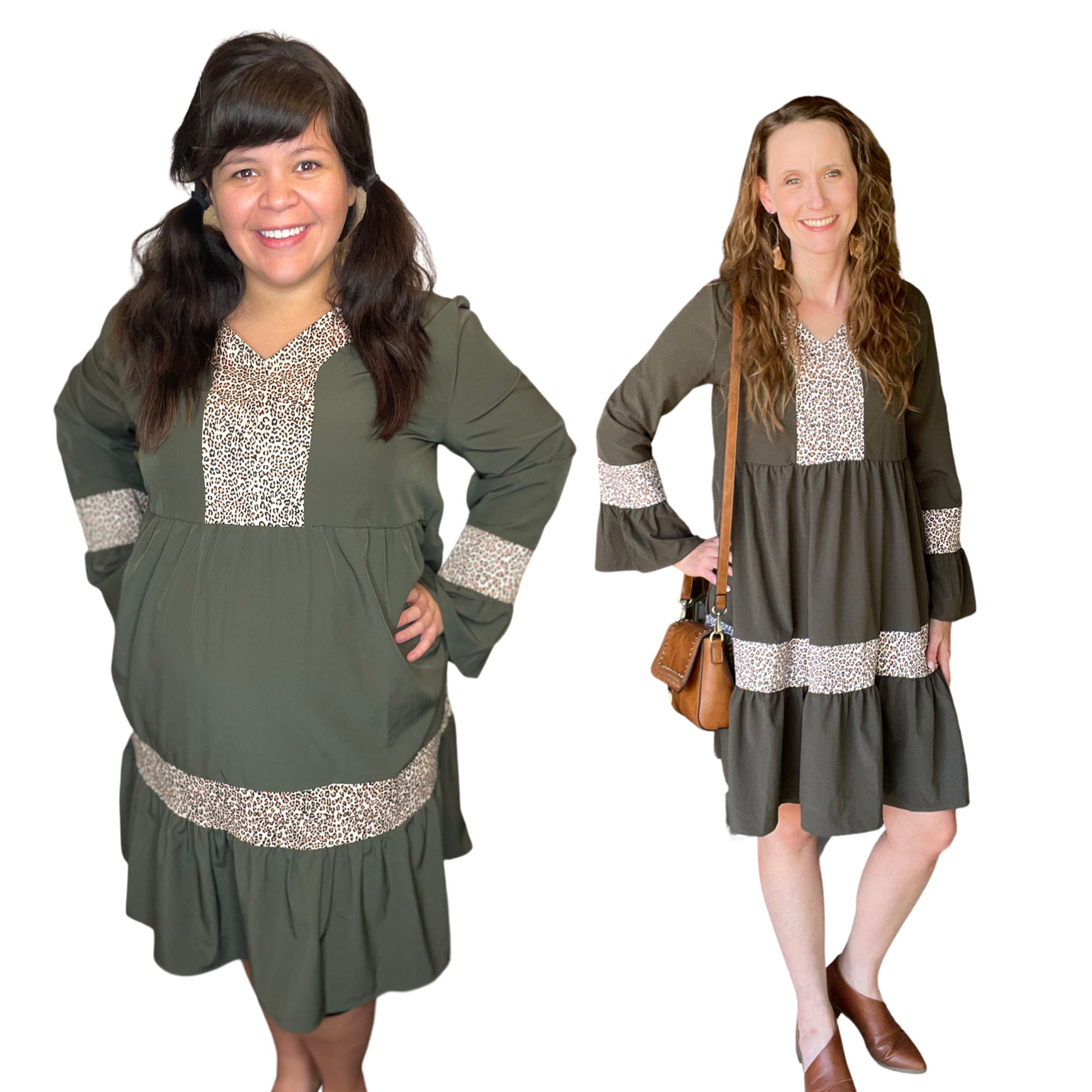 Style me Pretty Olive Leopard Tiered Dress with pockets
