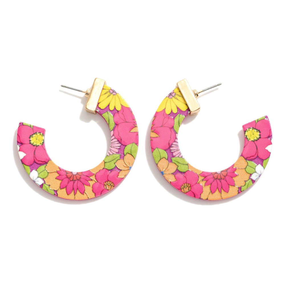 Pink Floral Wood Earrings