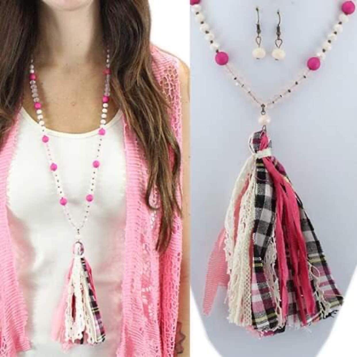 Pink plaid tassel necklace